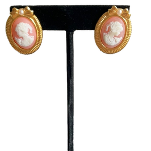 Vintage Cameo Earrings Orange White and Gold